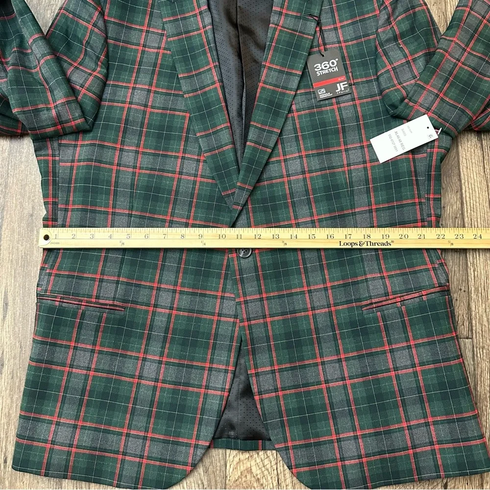 JF J Ferrar Sports Coat Slim Suit Jacket Men's XL 46/48 R Plaid Red Green